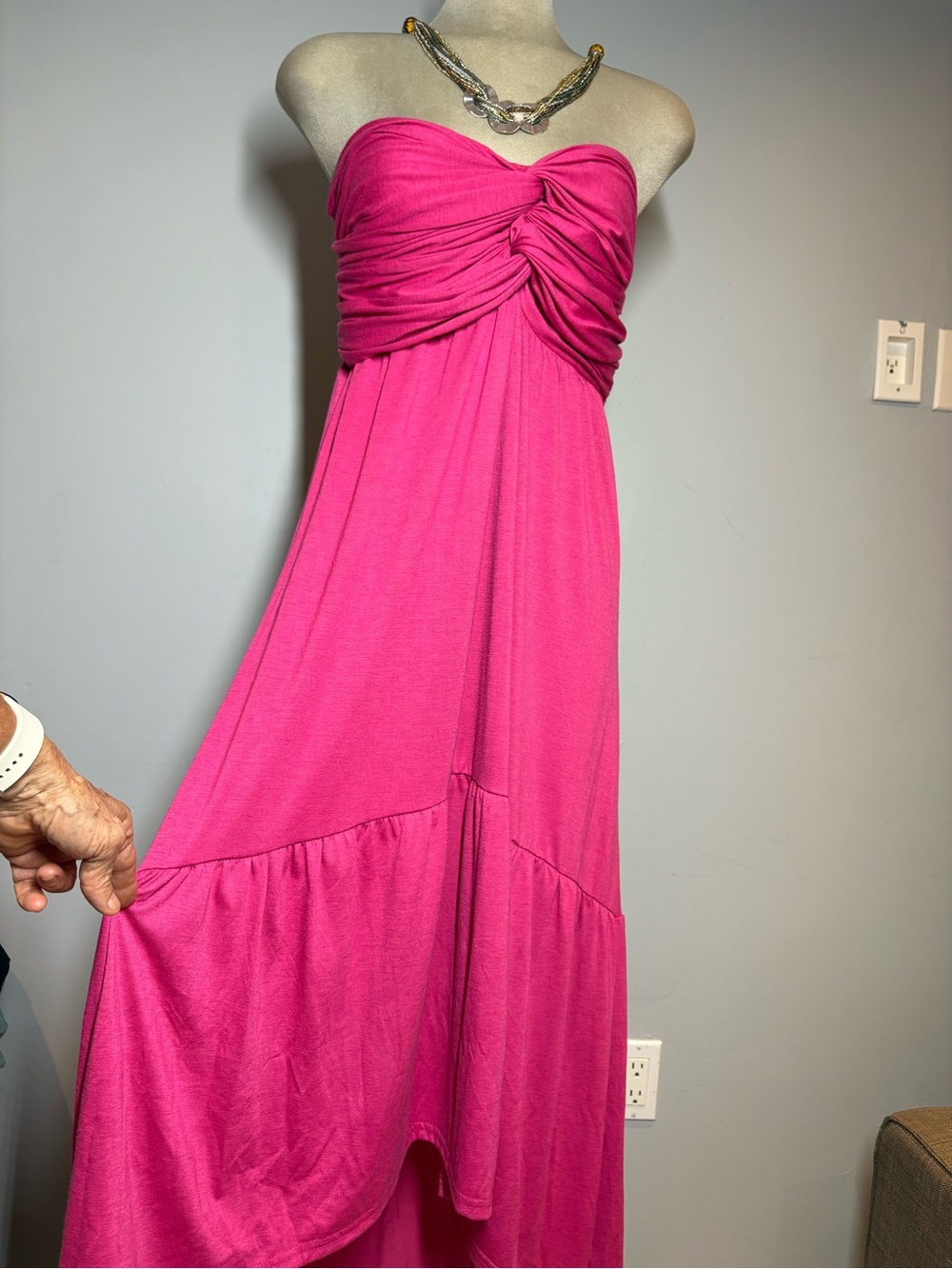 Chesley Strapless Hot Pink Maxi Dress with Twist Bodice L